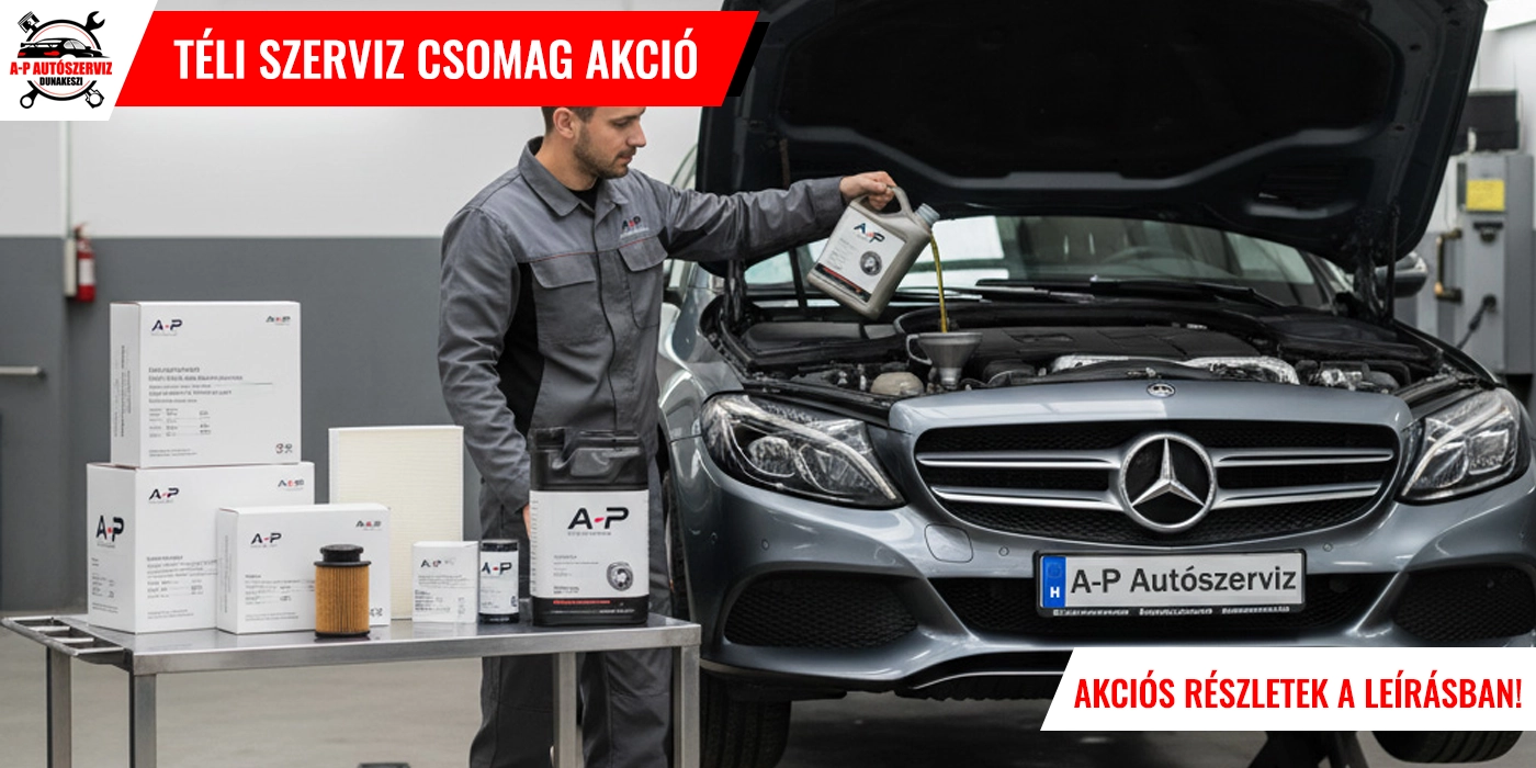 Téli szerviz csomag Dunakeszin: egy szerelő olajcserét végez egy német autón az A-P Autószervízben.
